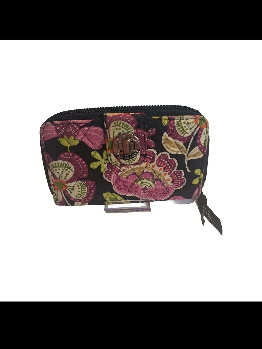 Vera Bradley Turnlock Floral Zip Wallet in Black, Pink and Green - Picture 1 of 10